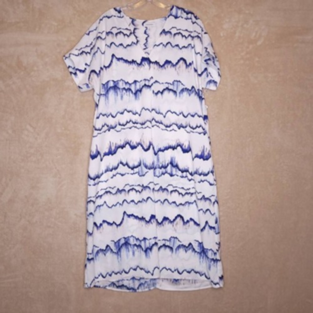 Nordstrom Dress Womens Shift White Blue Watercolor Waves Short Sleeve S New